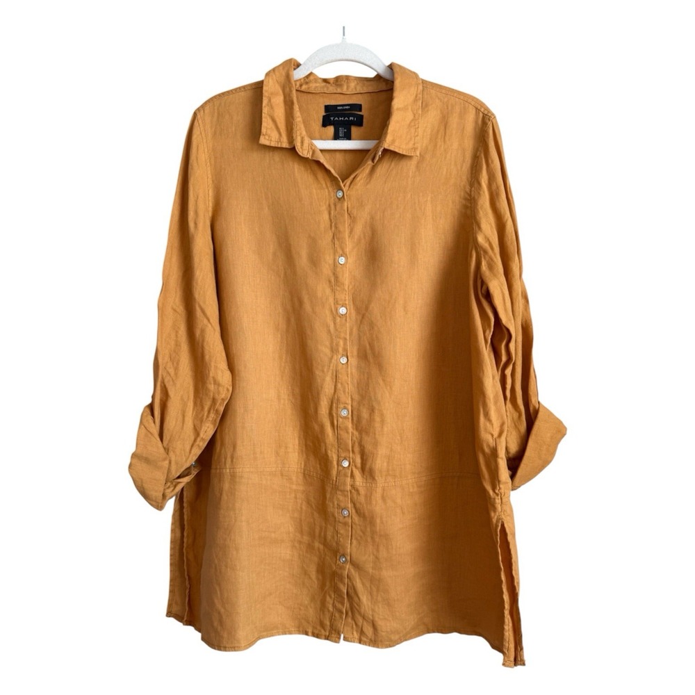 Tahari 100% Linen Tunic Shirt Roll Tab Button Down Mustard Saffron Lagenlook L